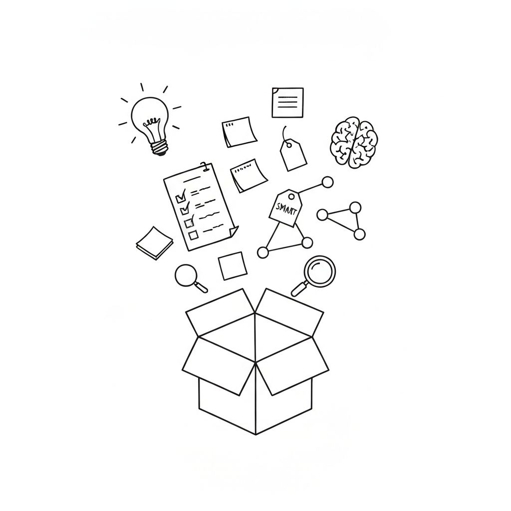 Caja abierta con notas, checklists y documentos flotando, representando una toma de notas organizada